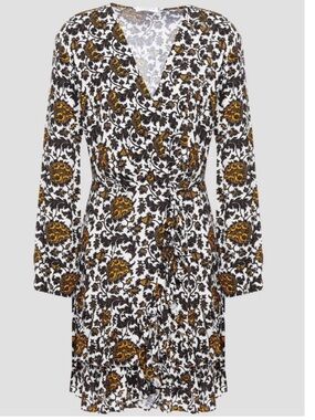 Sandro Paris | Printed Wrap Mini Dress | NWT | 34 / XS | Ecru Black Gold Floral